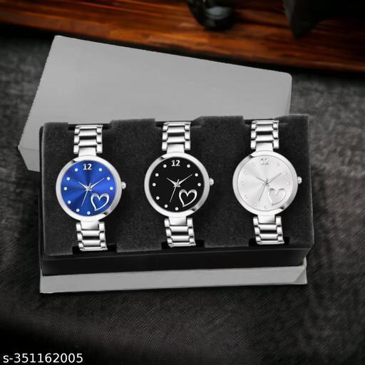 TRENDING MULTI-COLOR (BLACK, BLUE, SILVER,) DIAL ANALOG SILVER STAINLESS STEEL STRAP 3 COMBO WATCH ,