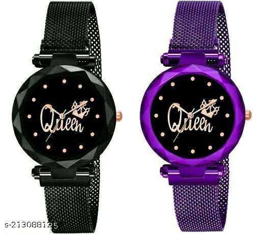 Analogue Studded Stylish Queen Black Dial Magnet Watch with Gift Bracelet for Women or Girls and Watch for Girl or Women (Combo of 2)