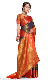 Soft Banarasi Silk Saree with Golden Zari Border | Elegant Party Wear Saree