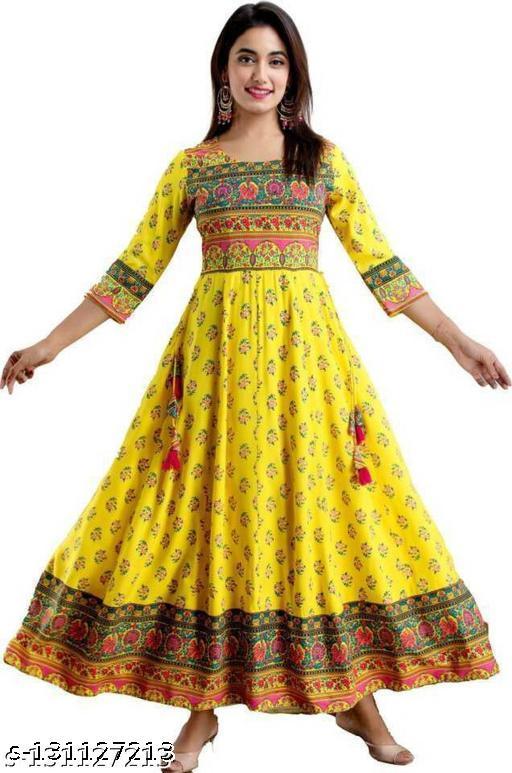 Yellow Printed Flaired Kurti 2022