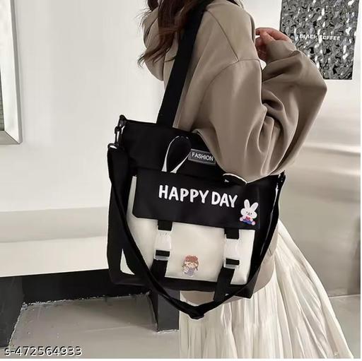 Korean Style Cute New Happy Day Tote Bag Large Capacity Bag Multi-functional Bag One Shoulder Crossbody Tution Bag, Study Bag (PACK OF 1)(BLACK)