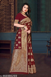 Trendy Soft silk fabric banarasi style self-designed with zari woven border & unstitched blouse