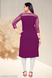 Casual American Crepe And Net Round-Neck 3/4 Length Sleeve Purple Kurti (45"Inches)