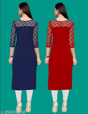 Pack of 1 Casual American Crepe And Net Round-Neck 3/4 Length Sleeves Navy Blue & Red Kurti (42"Inches)