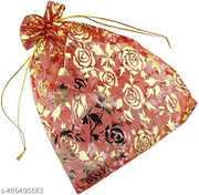 3A Featuretail 25 Pc Net Fabric Drawstring Pouches for Dry Fruits/Small Gifts, Jewellery Packing | Organza Shagun Potli, Wedding or Return Gifts Potli Bags (Red and Golden Printed, 23Cm X 17Cm)