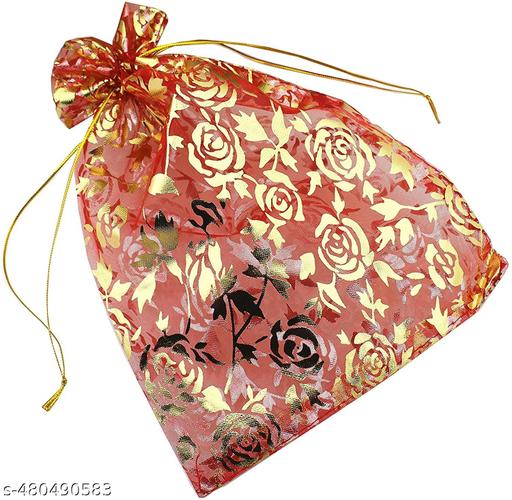 3A Featuretail 25 Pc Net Fabric Drawstring Pouches for Dry Fruits/Small Gifts, Jewellery Packing | Organza Shagun Potli, Wedding or Return Gifts Potli Bags (Red and Golden Printed, 23Cm X 17Cm)