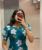 Trendy Teal Floral Print Puff Sleeve Kurti for Women | Casual & Festive Wear