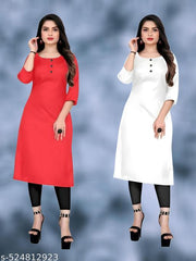 Plain Ethnic Pack of 2 American Regular Fit Kurta Round Neck New Stylish Casual Crepe Fabric Kurti For Women