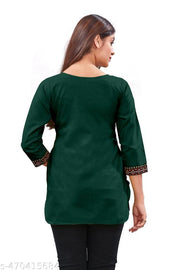 Trendy Embroidered Short Kurti for Women – Perfect for Daily Wear, Green Cotton Blend, Knee Length