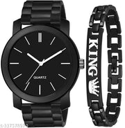 New Stylish LR 05 Black Dial Black PU Strap With King Bracelet combo Watch For Boys And men