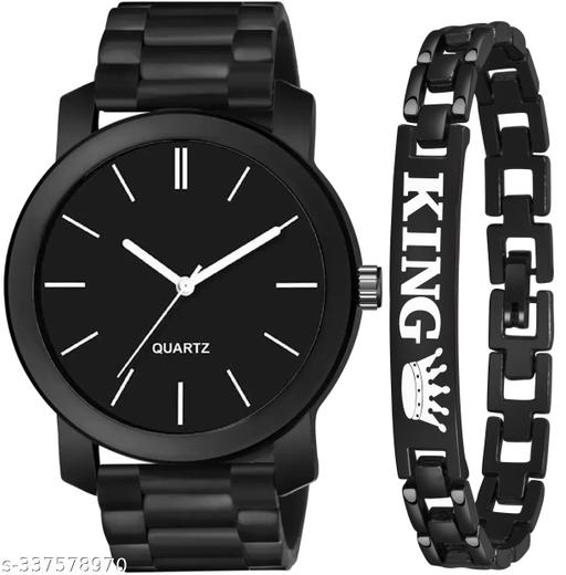 New Stylish LR 05 Black Dial Black PU Strap With King Bracelet combo Watch For Boys And men