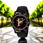 Femeo  Analog 9109 Watches Round Black Dial F Design Stylish Black PUU Strap Classic Design Fancy Wrist Watch for Men and Boys, Pack of 1 - A07ZALPHA-F-AVO-BLK-SFR