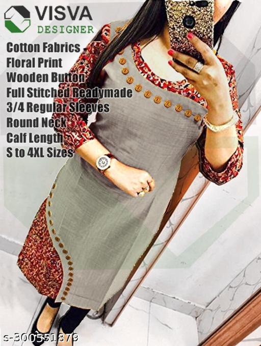 VISVA DESIGNER Cotton Floral Printed & Plain Straight Daily Use Wooden Button Stylish Kurti For Women Latest Design Kurthi Dress For Girls Ladies Can Wear in Party or Casual Occasion