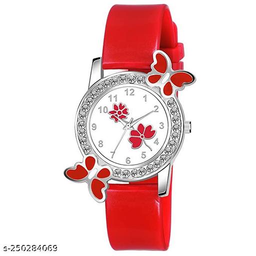 Analogue Butterfly Dimond Studded Flower Design Dial PU Strap Analog Girl's and Women's Watch