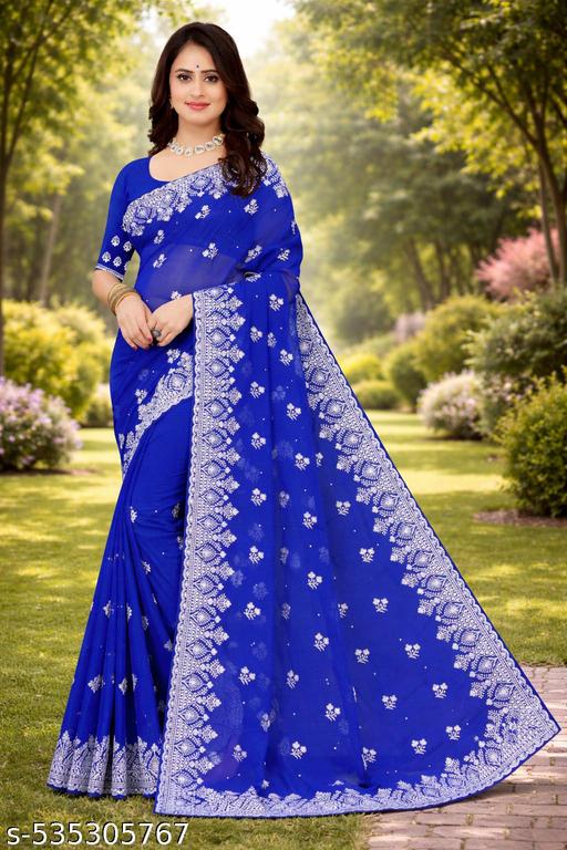 heavy Embroidery Work With Stone Work Saree