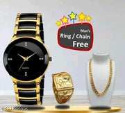 Gold Dial Golden Wrist watch for men watch With free ring And  Men With Free Designer Flat Chain gold plated chain