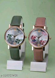 SHREE GORGEOUS FLOWER DESING LATHER ANALOG WATCH FOR GIRLS AND WOMEN COMBO (PACK OF 2)