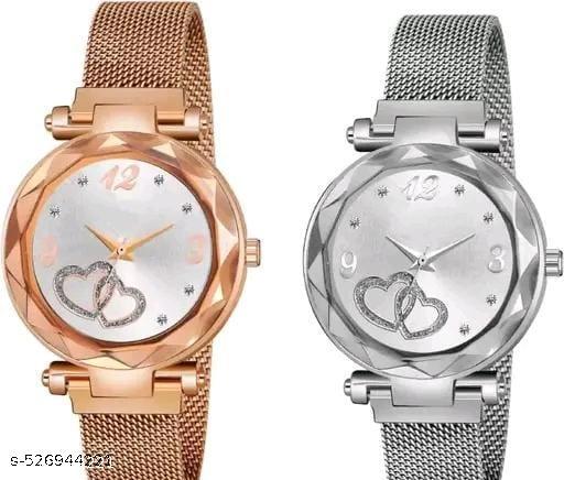 Analogue Heart Dial Magnetic Strap Analog Watch for Girl's and Women (Pack of 2)
