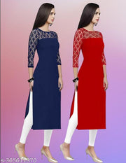 Pack of 1 Casual American Crepe And Net Round-Neck 3/4 Length Sleeves Navy Blue & Red Kurti (42"Inches)