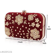 RABIYA Fashion Ladies Velvet Clutch – Dark Maroon & Gold Embroidered Bridal & Weddings Girls & Women