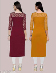 Pack of 1 Casual American Crepe And Net Round-Neck 3/4 Length Sleeves Maroon & Yellow Kurti (42"Inches)
