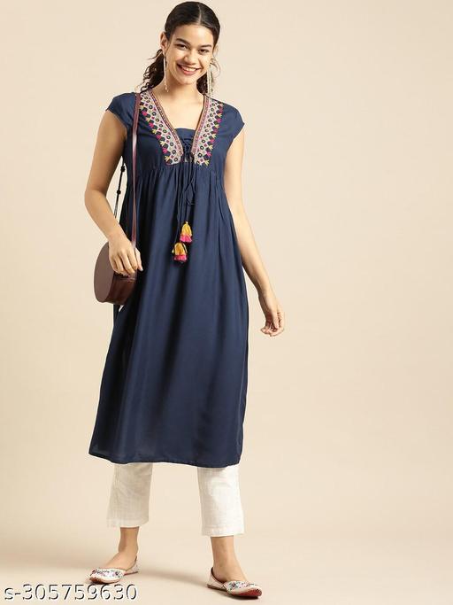 womens rayon embroidery kurta, aline kurta, long  kurta, Cap sleeve kurta, tendy kurta
