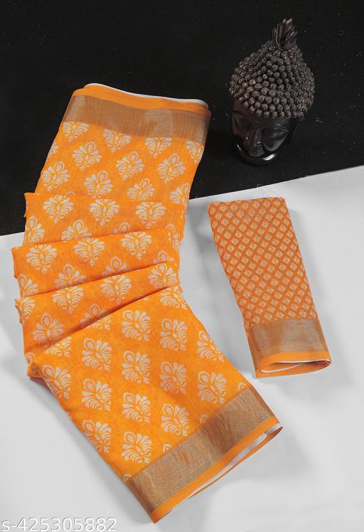 Anvi Prints Designer Linen Cottan Saree Yellow