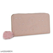 Purse Clutch Wallet for Women - PU Leather Single Zip Card Coin Holder Long Pom Pom