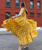 Women's/girls polka dot printed flared sleeveless yellow kurta