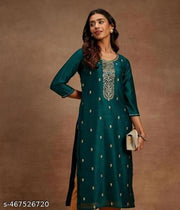 Designer Silk Blend Straight Kurta || Women Embroidered Silk Blend Straight Kurta ||