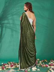 Stone Work Saree With Latkans And Blouse Piece Silk Blend Saree Mehendi Saree