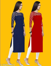 Pack of 1 Casual American Crepe And Net Round-Neck 3/4 Length Sleeves Navy Blue & Red Kurti (42"Inches)