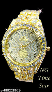 italian fashionable Golden Arbic Time Full diamond analog watch For men and Boys