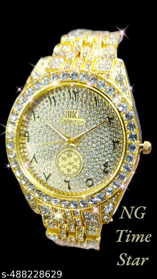 italian fashionable Golden Arbic Time Full diamond analog watch For men and Boys