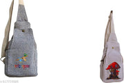 Grey Cotton Canvas Sling Bag for Women & Men | Radha Krishna Print Crossbody Shoulder Bag | Adjustable Strap Casual Travel College Office Multipurpose Side Bag with Zipper Pockets
