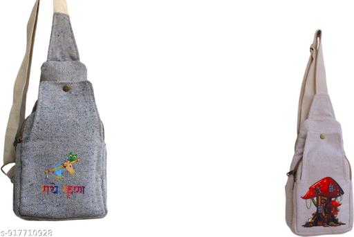 Grey Cotton Canvas Sling Bag for Women & Men | Radha Krishna Print Crossbody Shoulder Bag | Adjustable Strap Casual Travel College Office Multipurpose Side Bag with Zipper Pockets