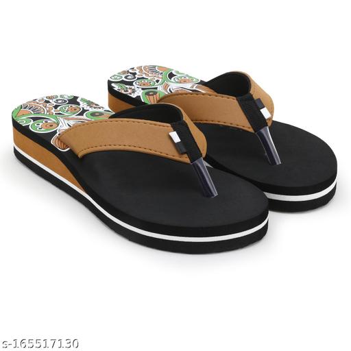 Skytrap Brown Flower Printed Heel EVA Slippers / Flip Flop for Women & Girls