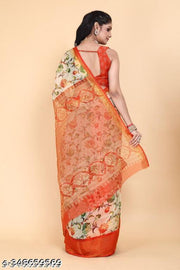 Zareena Orange Colour Floral Print Cotton Saree with Contrast Border | Lightweight and Semi-Transparent Tussar-Look Saree for Daily Wear Under ₹300