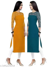 Pack of 1 Casual American Crepe And Net Round-Neck 3/4 Length Sleeves Yellow & Rama Kurti (45"Inches)