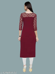 Casual American Crepe And Rasal Net Round Neck And 3/4 Sleeves Stylish Kurti For Womans