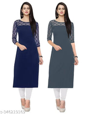 Pack of 1 Casual American Crepe And Net Round-Neck 3/4 Length Sleeves Navy Blue & Grey Kurti (45"Inches)