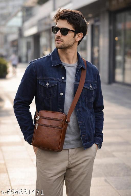 Brown Men’s PU Leather Sling Bag / Crossbody Shoulder Bag – Multipocket Travel & Casual Office Bag