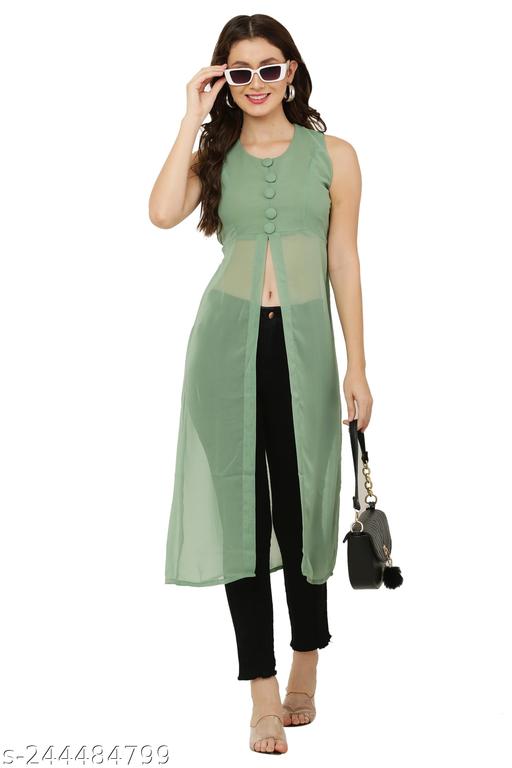 Shimao Women's Solid Georgette Front High-Slit Sleeveless Long Kurti