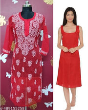 Women's Chikankari Embroidered Chiffon Rose Gaal Booty Long Kurti wih inner.