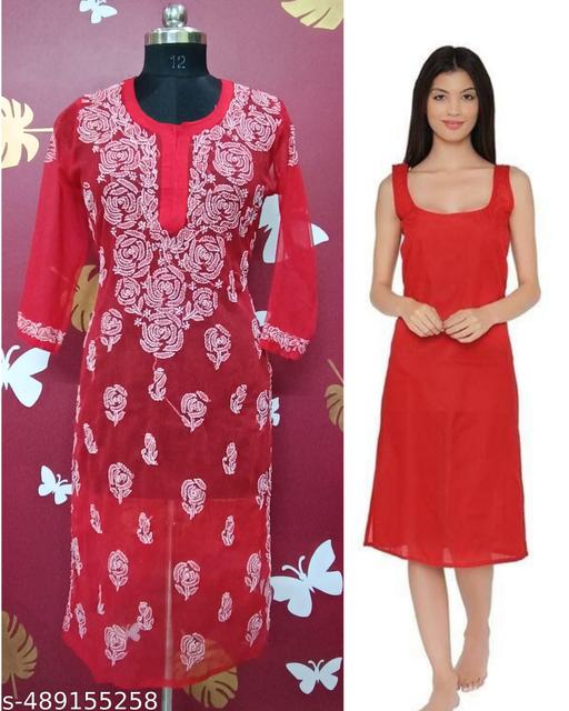 Women's Chikankari Embroidered Chiffon Rose Gaal Booty Long Kurti wih inner.