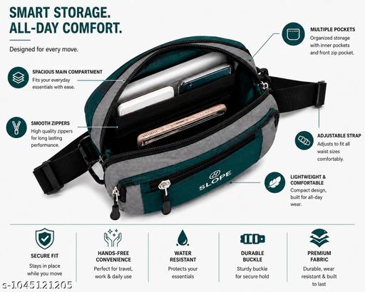 TEAL WAIST BAG WITH MULTIPLE POCKETS | 3 IN 1 TRAPS WITH SLING, BUCKLE AND IN BUILT BELT LOOP OPTION | EASY TO CARRY | WATERPROOF FABRIC WITH PREMIUM ZIPPERS
