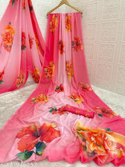 Attractive Georgette Floral Digital Print Saree With Running Blouse Piece