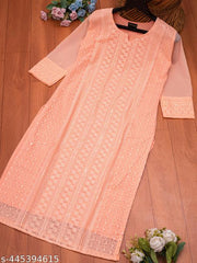 Women's Chikankari Kurti (Calf Length, 3/4th Sleeve)/ Peach Kurti