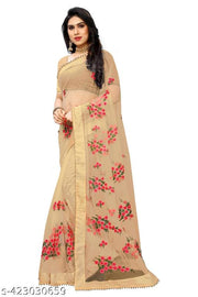 Rityanusaar Beautiful and stunning Net Floral Thread Embroidery Saree With moti Lace Border&unstitched blouse