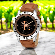 Femeo  Analog 9103 Watches Round Black Dial L Design Stylish Beige Leather Strap Classic Design Fancy Wrist Watch for Men and Boys, Pack of 1 - A07ZALPHA-L-AVO-SIL-TAN-CRL